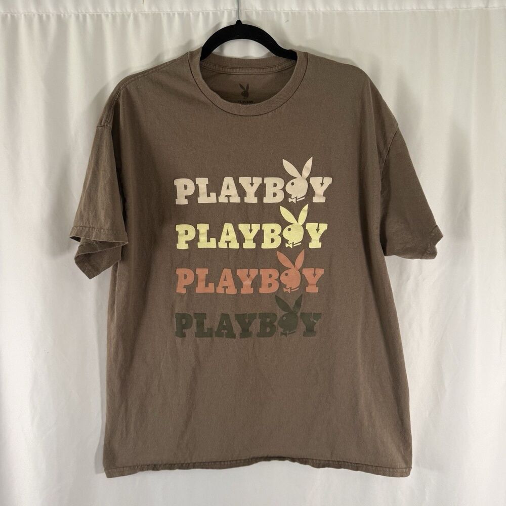 Playboy Shirt Men's XL Brown Short Sleeve Crew Neck 100% Cotton Graphic Print